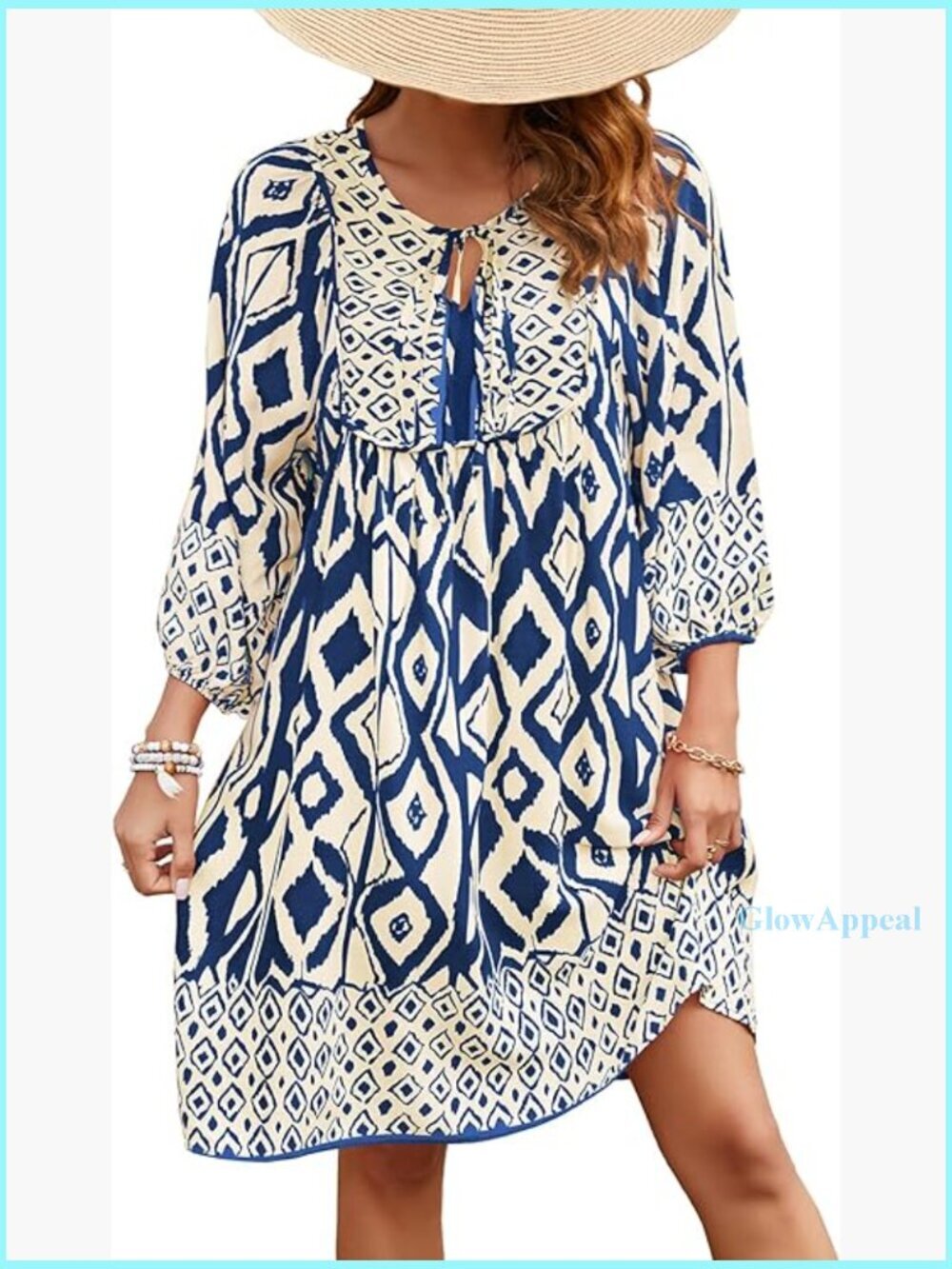 Women's V-Neck 3/4 Sleeve Boho Floral Loose Short Summer Dress Rayon